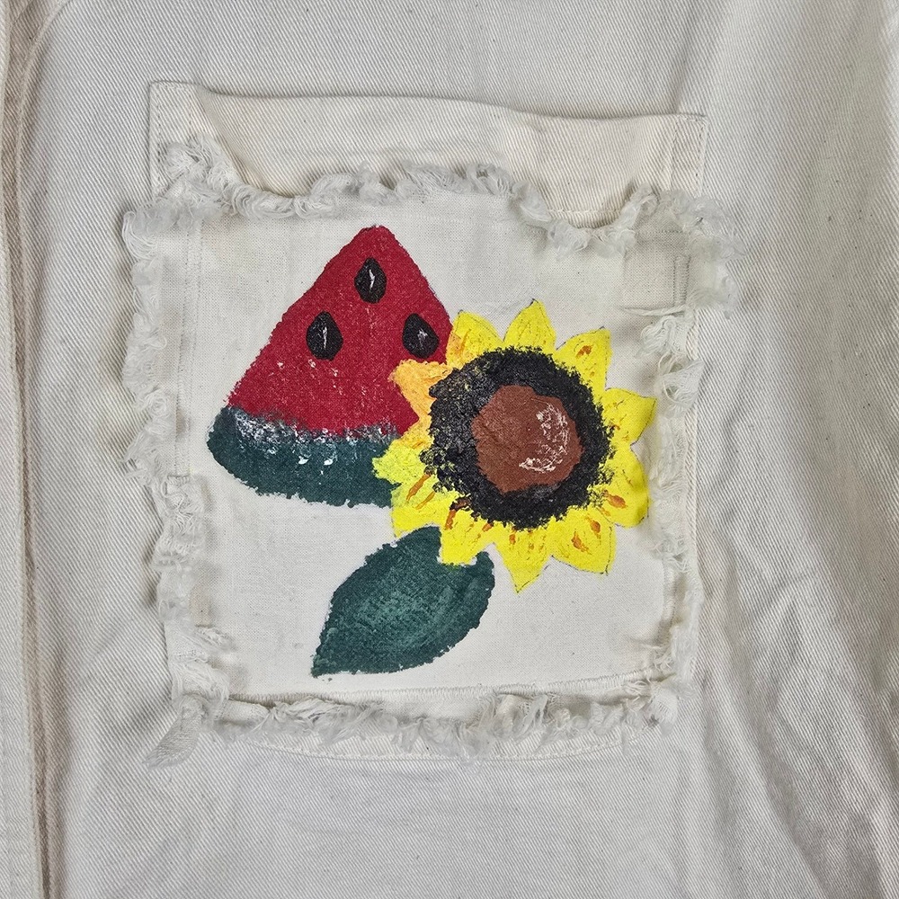 Vintage Andrews Blues White Denim‎ Vest Painted Sunflower Watermelon AS IS